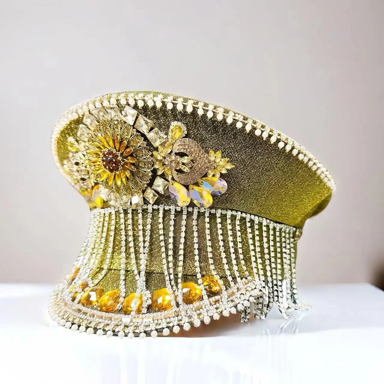 ホンルアン-ゴールドタッセル-スチームパンク-キャプテンハット-ラインストーン-バーニングマンフェスティバル-女性用、ミリタリーアクセサリー＆ミリタリーキャップ-男性用