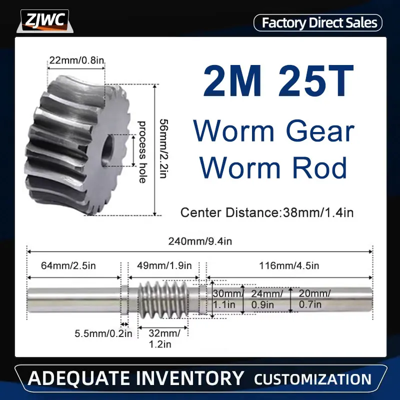 

1pcs 2 Modulus 25 Teeth Reducer Worm Gear Process Hole And 2M Worm Rod Transmission Ratio 1:25 45# Steel For CNC Parts