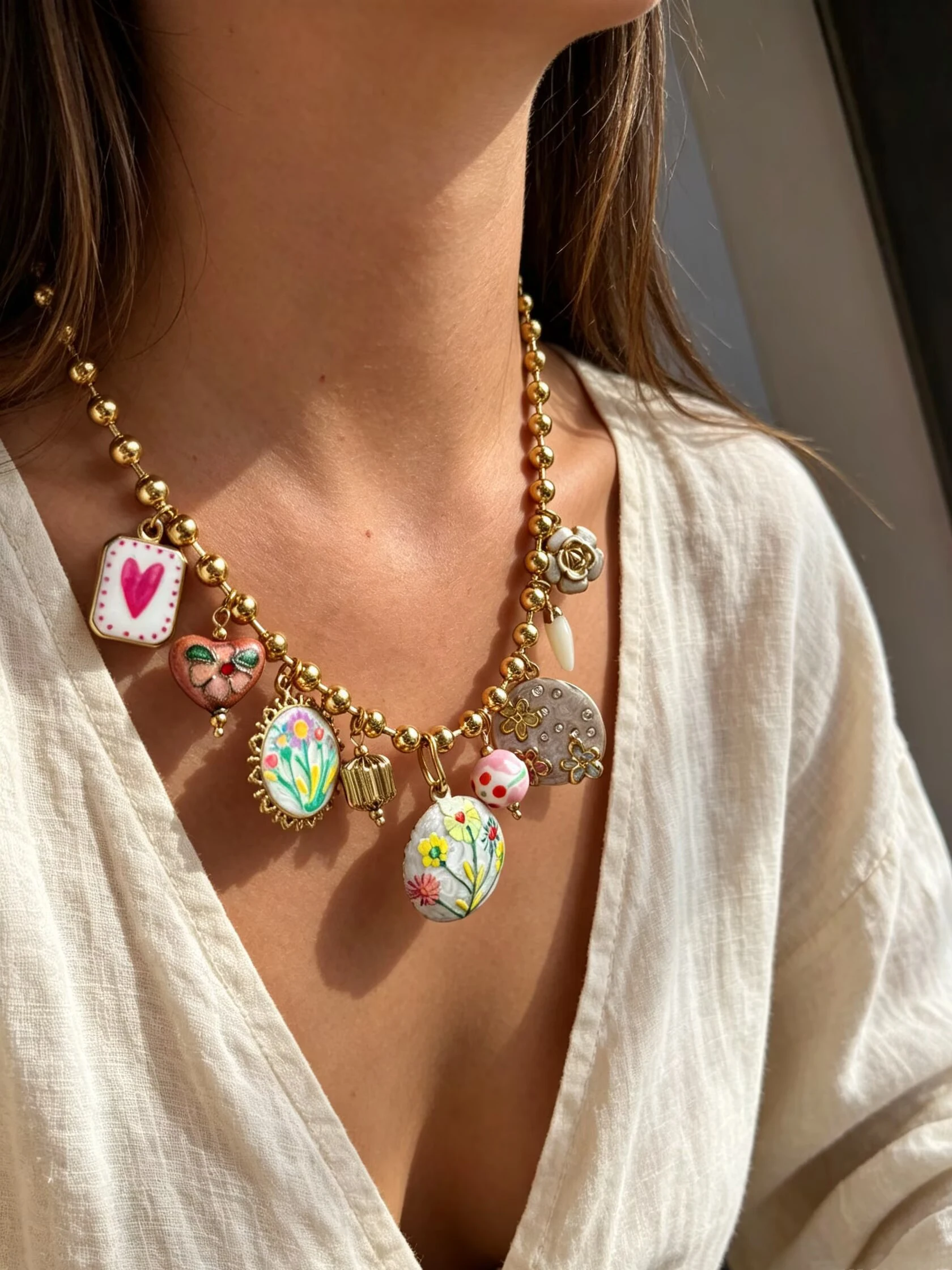 GHIDBK Vintage Enamel Ceramic Natural Stone Multiple Pendant Metal Bead Chain Women's Necklace Stainless Steel Jewelry Gifts