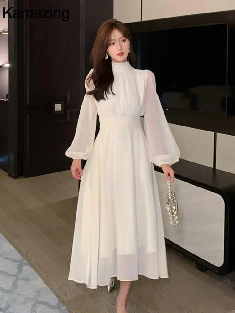 Elegant Chiffon Midi Dresses for Women Lantern Sleeve Half High Collar A-line Korean Fashion One Piece Vestidos Autumn Clothing