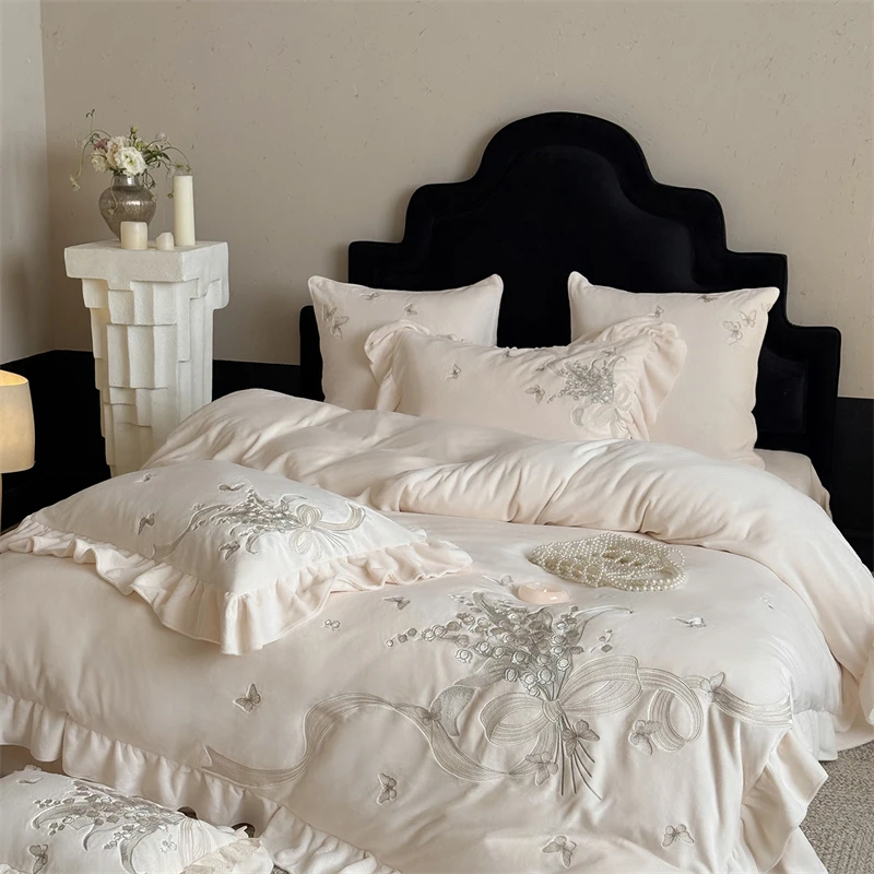 lily of the valley Embroidery Ruffles Princess Bedding Set Velvet Warm Winter Duvet Cover Flat/Fitted Bed Sheet Pillowcases 4Pcs