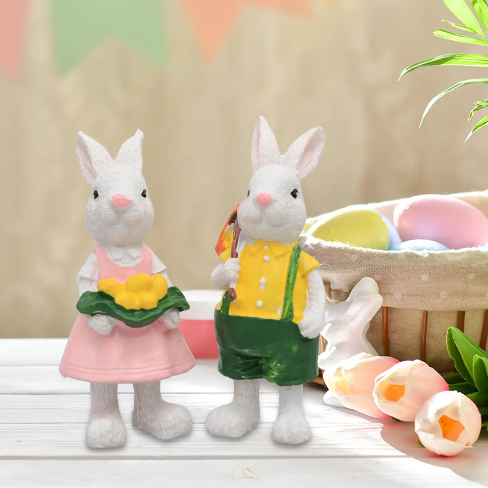 2 Pieces Easter Bunny Figurines Easter Gifts Cute Desktop Ornaments Garden Statues for Bookshelf Outside Office Lawn Outdoors