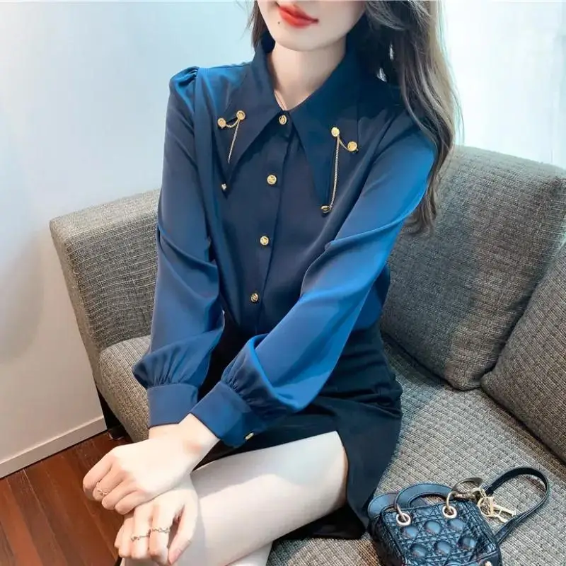 Fashion Lapel Solid Color Spliced Button Shirts Female Clothing 2023 Autumn Winter New Loose Elegant Tops Office Lady Blouses