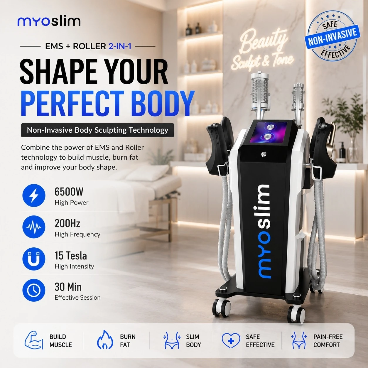 MYOslim Professional Body Contouring Machine 6500W EMS Body Sculpt Equipment with 360 Degree RF Roller Massage for Beauty Salon