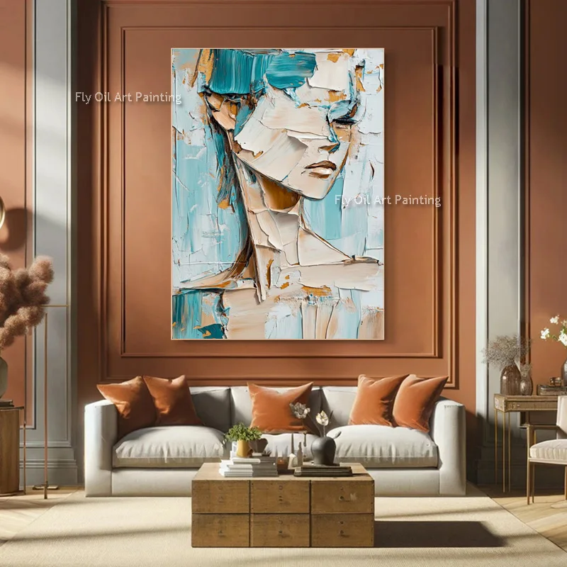 Fashional Design Blue And White Women Portrait Canvas Thick Oil Painting Handpainted Original Girl Wear Yellow Dress Wall Decor