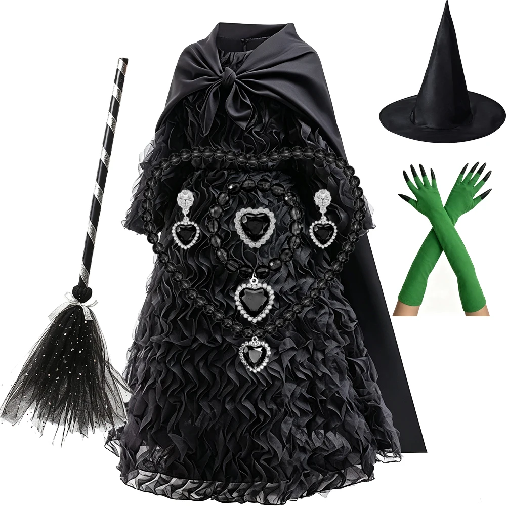 Schwarzes Hexenkostüm für Mädchen, gerüschtes Tüllkleid mit Umhang, langärmeliges gotisches Abendkleid für Kinder, Halloween, Karneval, Geburtstagsfeier – Detail 13