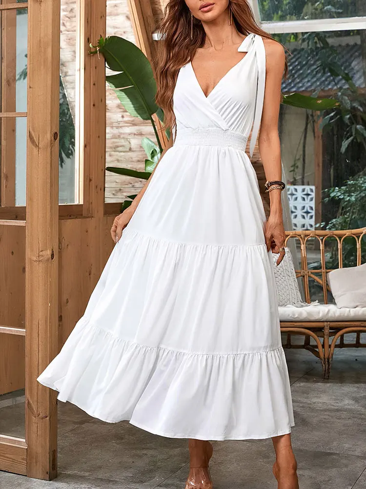 Maxivestidos para mujer, ropa de calle, vestidos nuevos de moda, ropa de estilo playero, vestido ajustado informal sin espalda con cuello en V sexi elegante para mujer