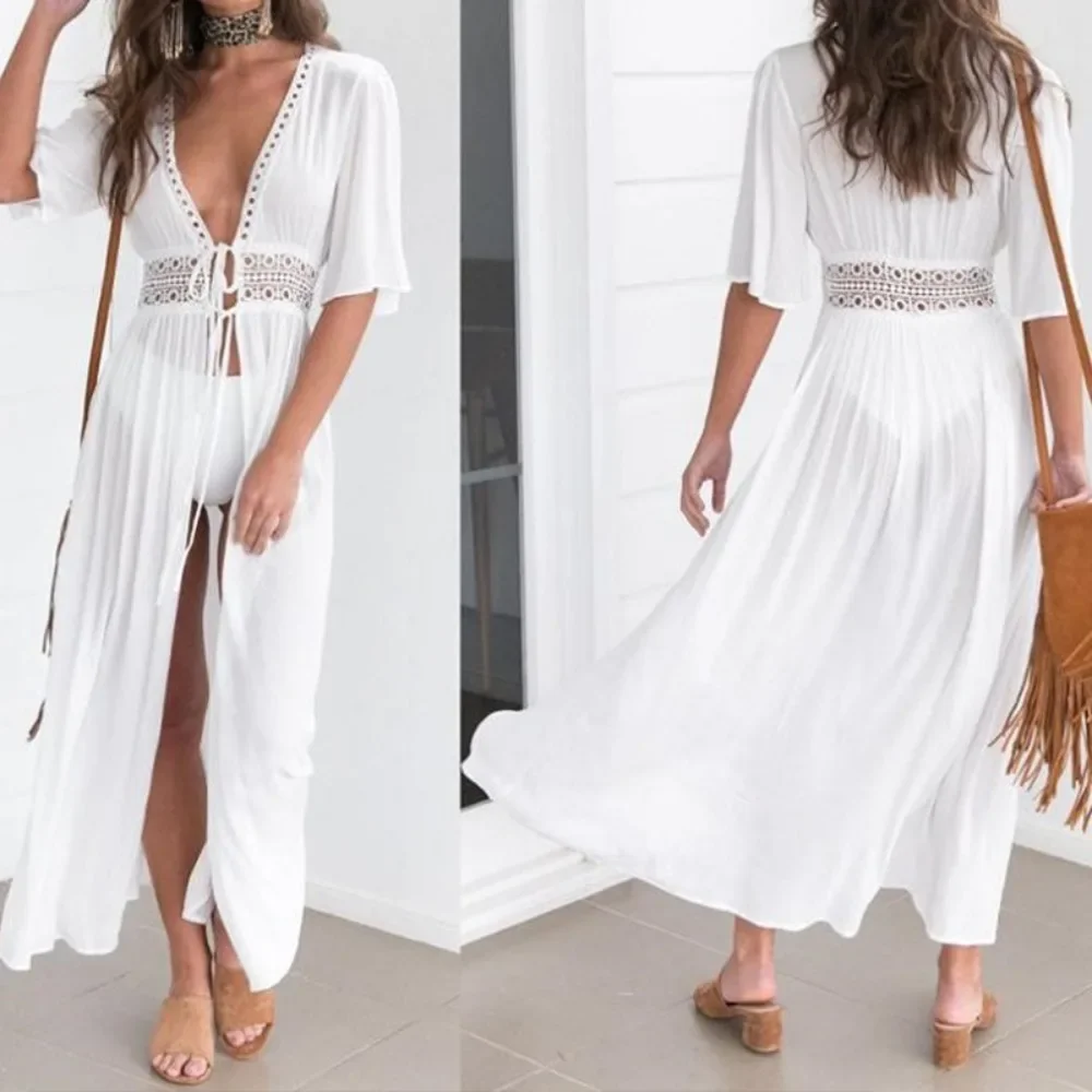 

Summer Bikini Cover-ups Women Bohemian Beach Long Dress Short Sleeve Lace Hollow Out Cardigan Swimwear Cover Ups Beachwear