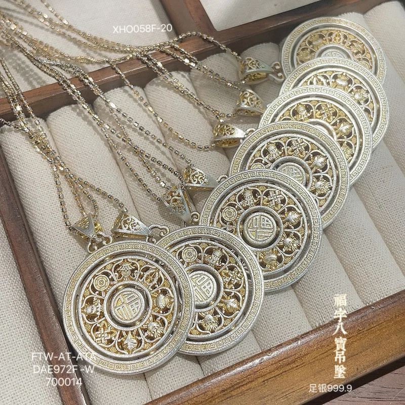 9999 Pendant with Fu Character and Eight Treasures, Silver Necklace, Retro Style, Versatile