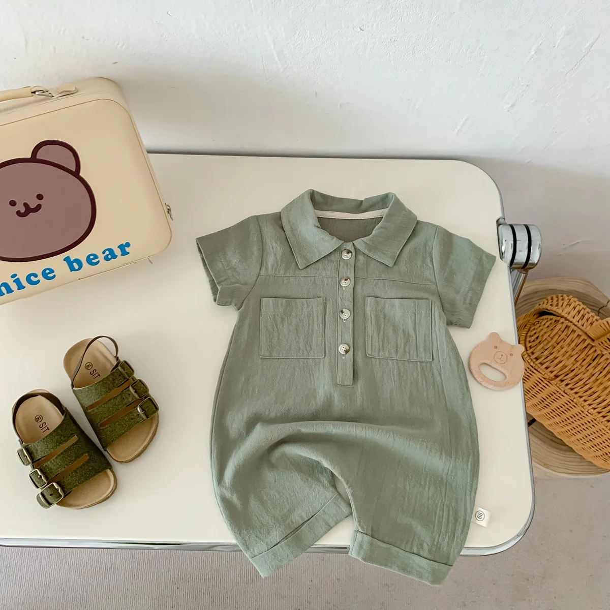 Summer Baby Infant Short Sleeve Jumpsuit Solid Color Baby Creeper Casual Pocket Work Suit Bodysuit Romper Creeper 0-24 Months