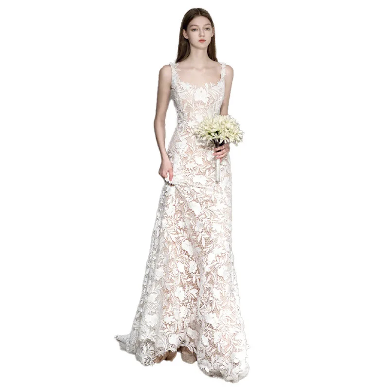 프렌치 스타일 라이트 럭셔리 화이트 레이스 캐미솔 웨딩드레스 2025 신상 가을 피쉬테일 약혼식 라이트 웨딩드레스