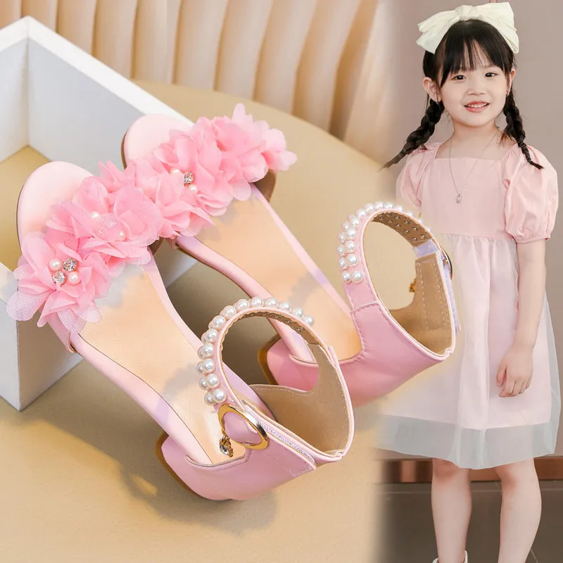 Pink White Fairy Lace Flower Sandal kid Girl Low Heel Ankle Strap Glitter Dance Pumps Child Square Toe Bling Wedding Party Shoe