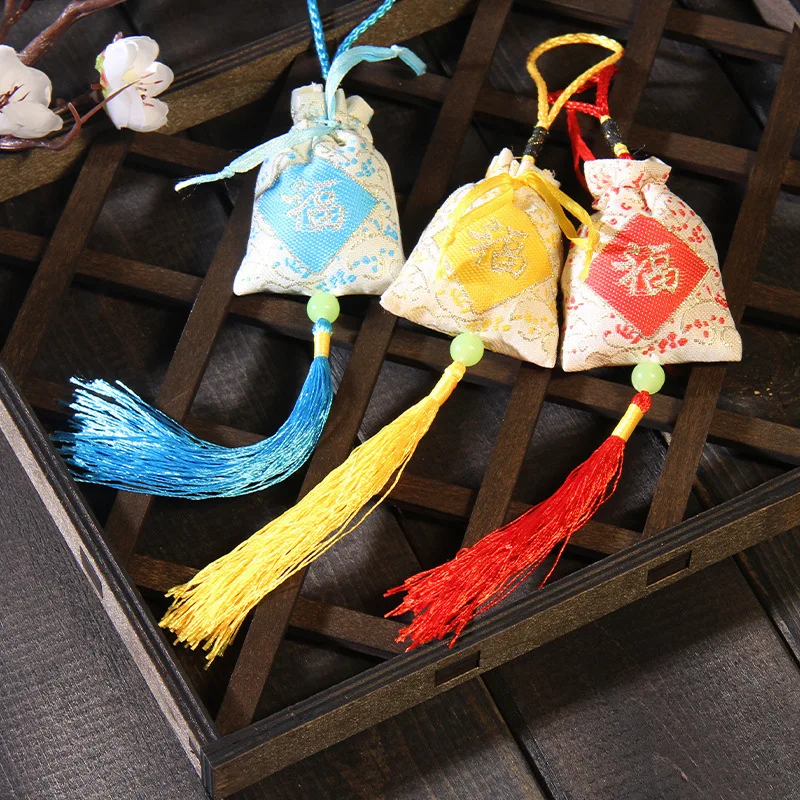 Empty Chinese Fu Character Embroidered Sachet Bags Colorful Drawstring Tassel Lucky Pouch For Car Home Diy Hanging Decor Gifts