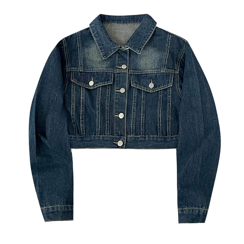 سترات نسائية قصيرة عصرية من قماش الدنيم على الطراز الكوري أنيقة بلون سادة معاطف بياقة مقلوبة للخريف ملابس خارجية من جان مناسبة تمامًا #5