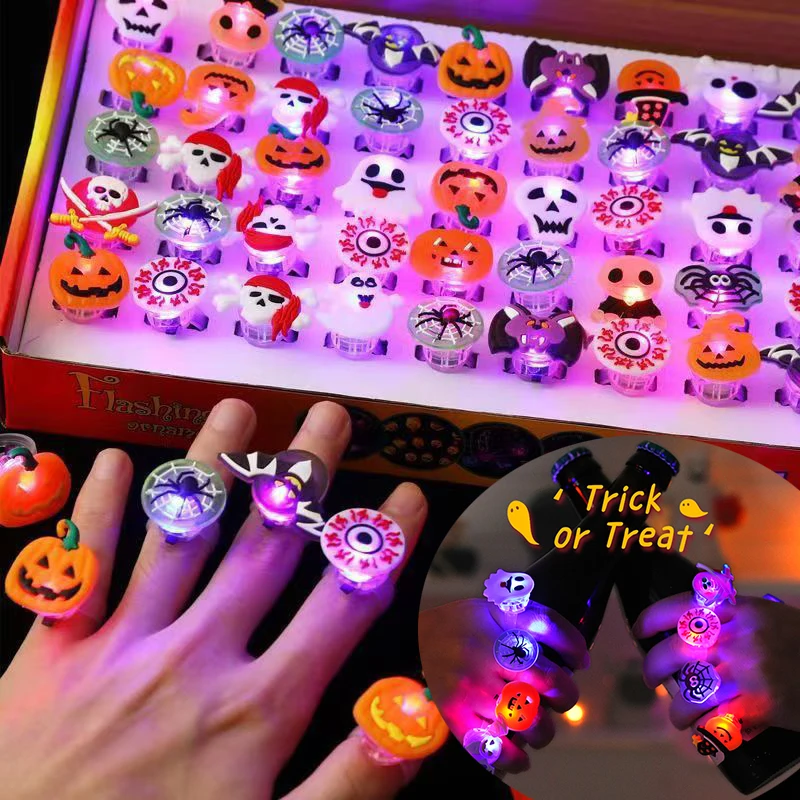 5/10/15/30/50 Pcs LED Light Halloween Pumpkin Ghost Skull Glowing Rings Christmas Tree Santa Claus Open Finger Ring Jewelry Gift