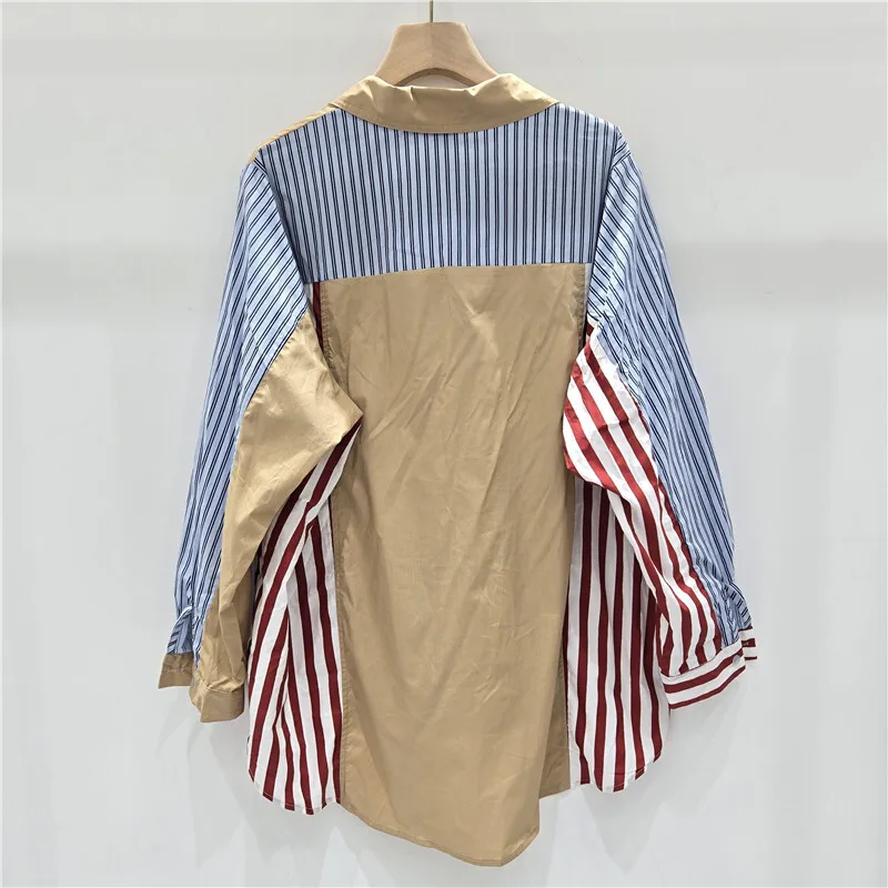 HKSH Primavera Autunno Nuove Donne Camicia Alla Moda Elegante Irregolare A Righe Patchwork Design Giacca Allentato Pigro Casual di Nicchia Magliette E Camicette HK12776