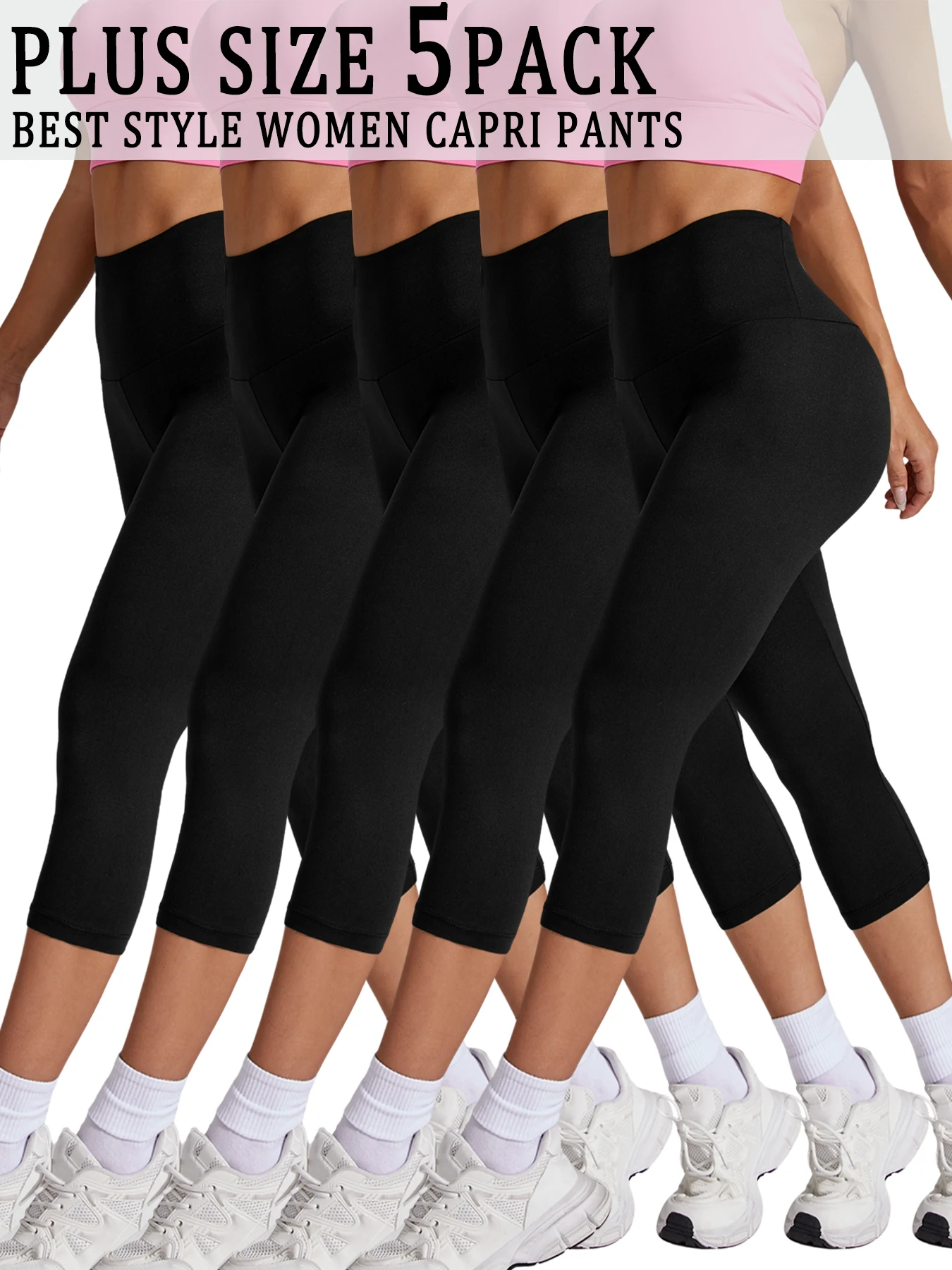 

Plus Size 5 Pack High Waisted capri pants For Women Super Soft Tummy Control No See Workout Running Yoga Athletic Leggings