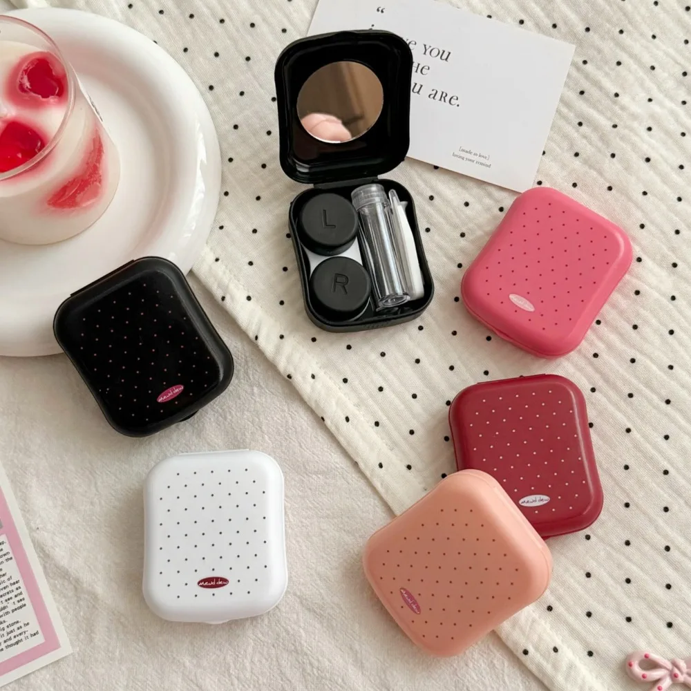 Retro Mirrored Retro Polka Dot DIY Contact Lens Case, Simple Minimalist Lens Storage Box Companion Travel Care Kit with Mirror