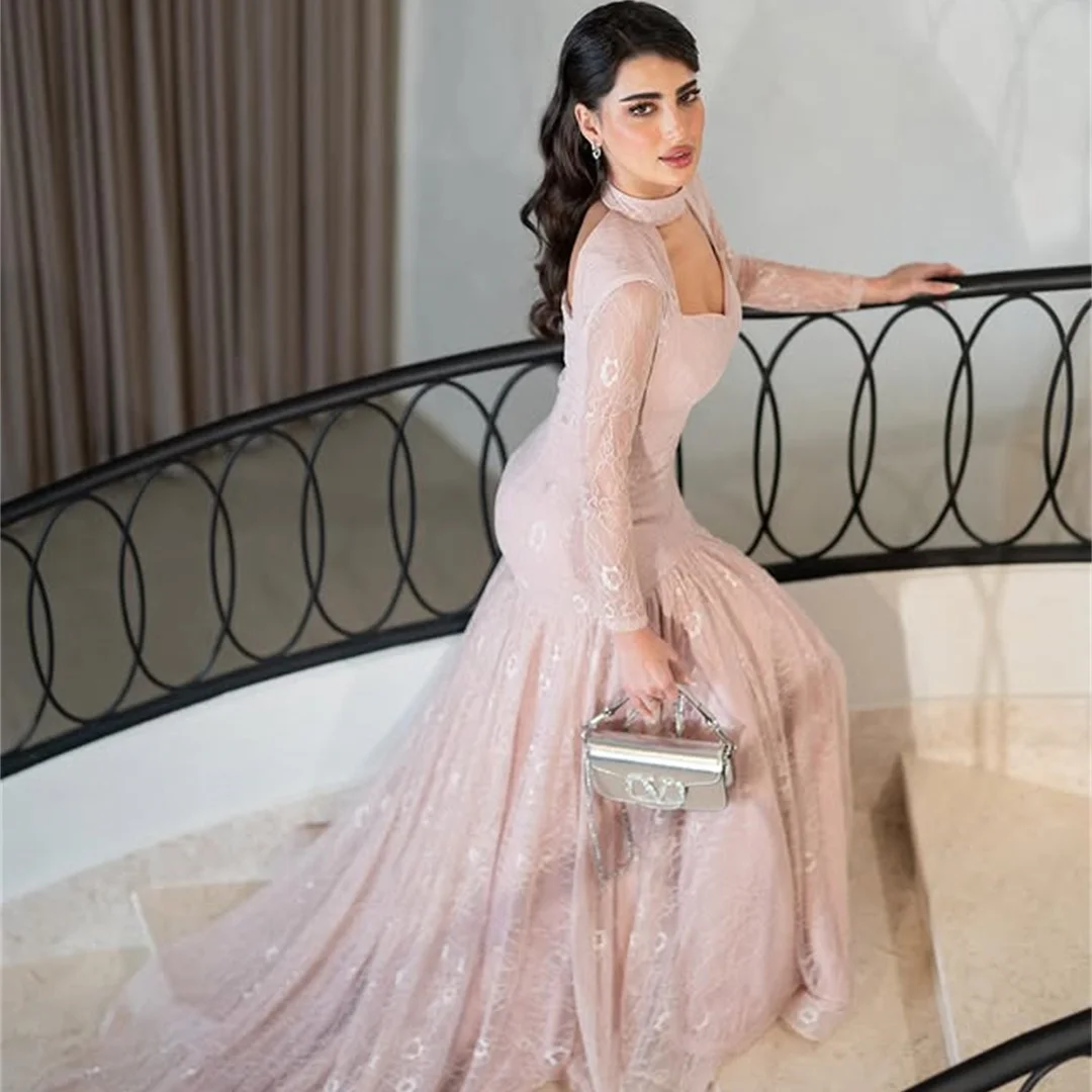 

Elegant Lace Long Sleeve Evening Dresses Arabia High-neck Hollowed Bodycon Mermaid Cocktail Party Gowns Formal Anniversary Dress