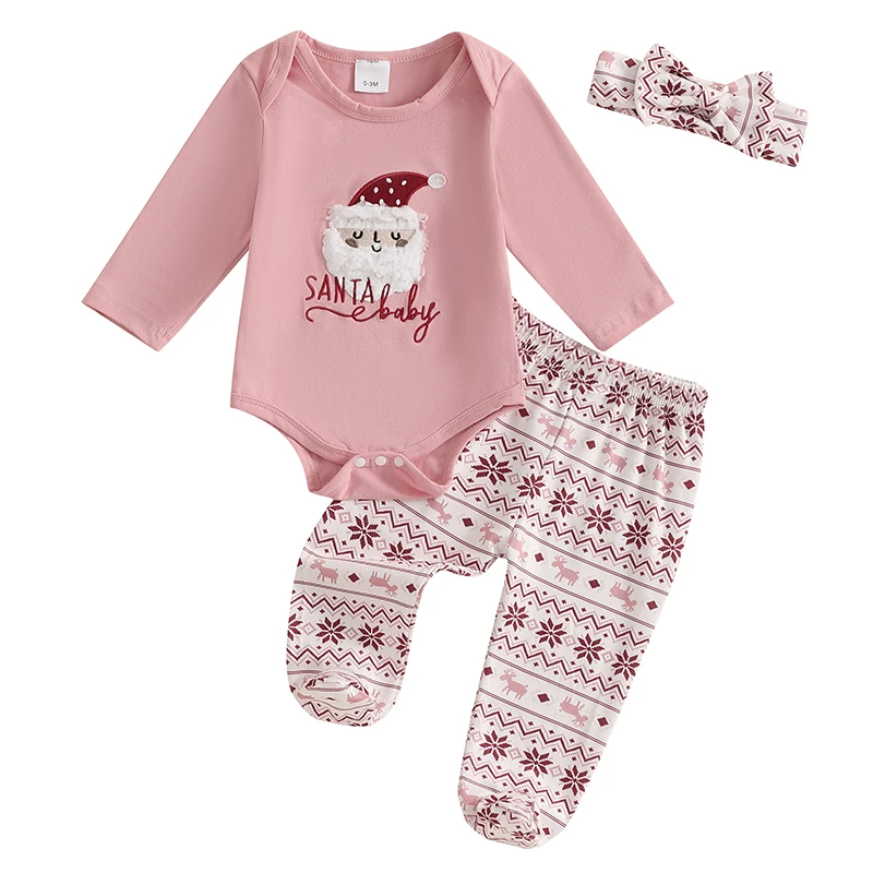 Baby Girl Christmas Set Santa Long Sleeve Romper Reindeer Snowflake Trousers Headband Outfits