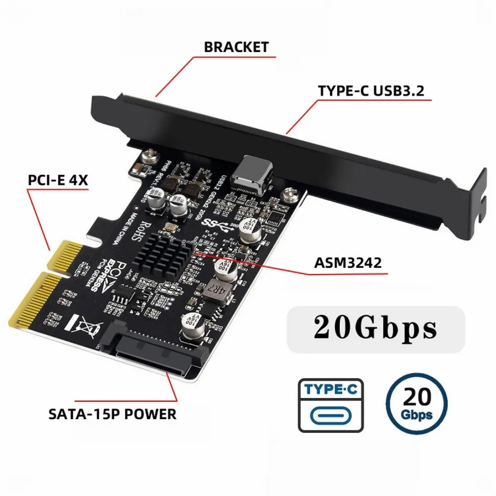 USB 3.2 Adapter GEN2*2 20Gbps  PCI Express 3.0 X4 to TYPE C Expansion USB C Riser SATA Power 1 Port TYPE-C for PC