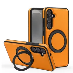 Luxury Leather Pattern Magnetic Stand Case For Samsung S25 S26 S24 S23 Ultra Plus S25 FE For Magsafe Shockproof Protection Case