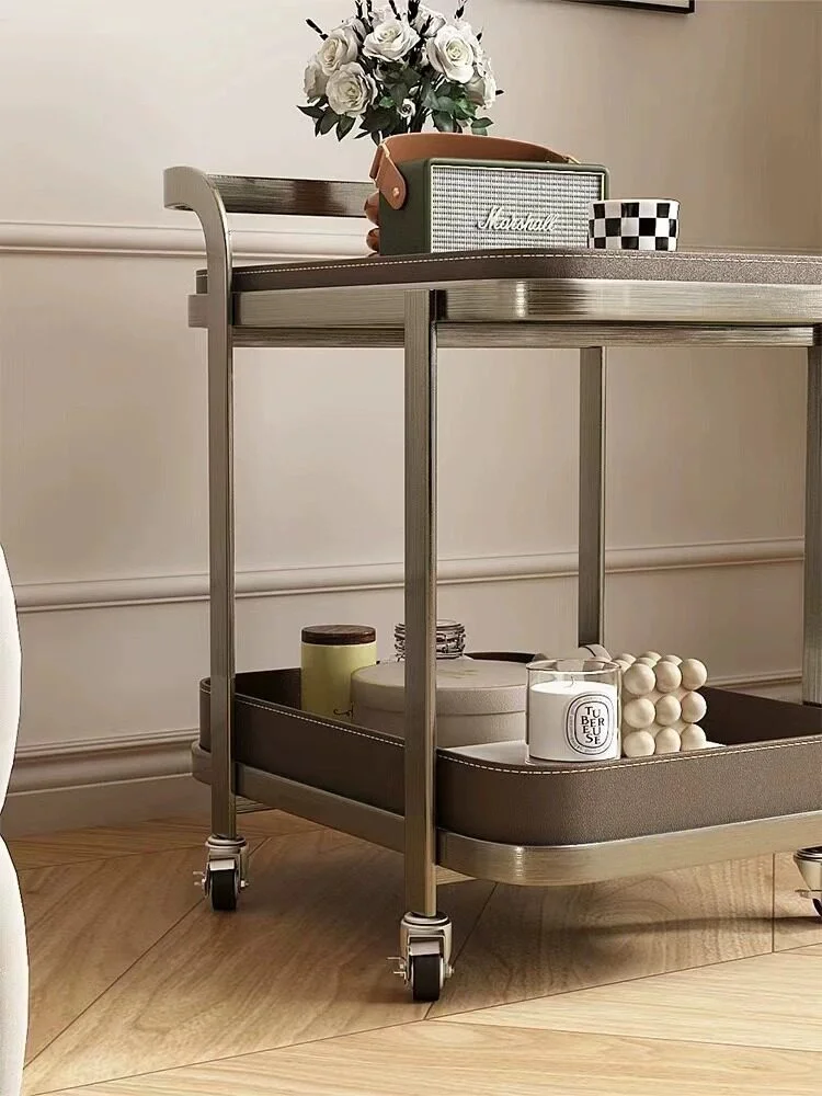 Trendy Saddle Leather Mobile Sofa Side Table Living Room Home Furniture Use Small Trolley Storage Rack Coffee Table
