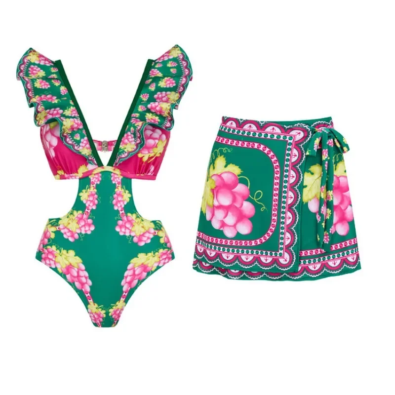 Blumen-Einteiler-Badeanzug mit Strandrock, Ausschnitt, Badeanzug mit V-Ausschnitt, Strandkleidung, Body mit hohem Beinausschnitt, weiblich, 2024