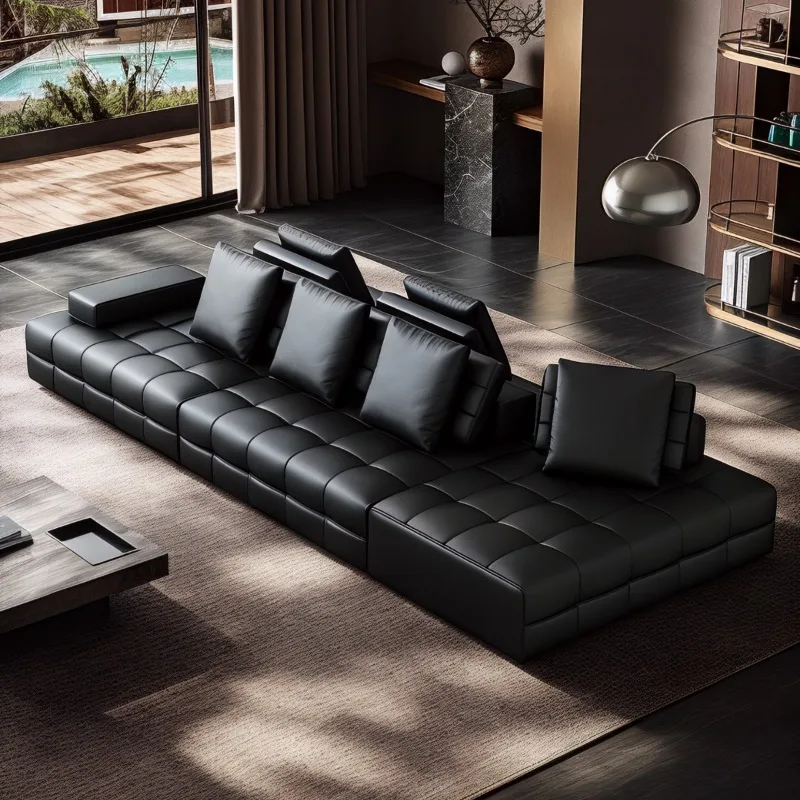 Italian minimalist double-sided, leather sofa modern simple large flat-floor villa horizontal hall mobile module combination