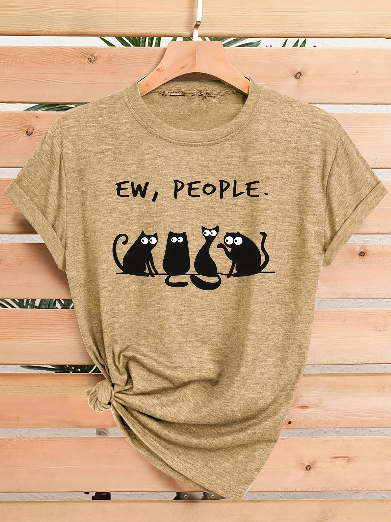 Women Heather Green Tee Ew People Funny Black Cat Print Casual Crewneck Short Sleeve Daily Tops