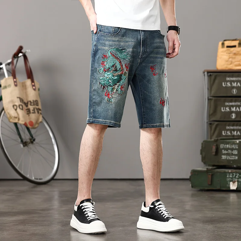 Short jeans retrô bordado masculino, tubo reto, ajuste solto, tamanho grande, lavado, versátil, jeans azul casual, marca da moda, novo