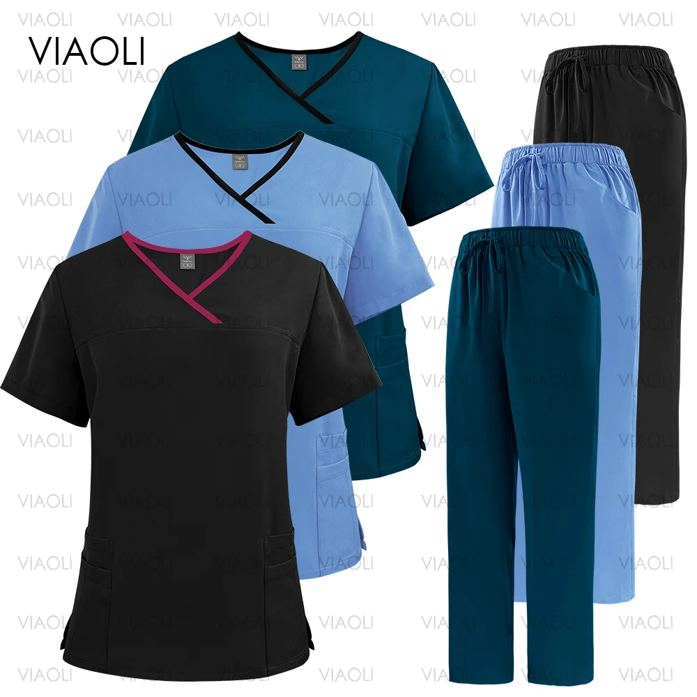 Uniformes quirúrgicos para mujer, conjuntos de enfermería, Top de bolsillo, Pantalones rectos, uniforme de enfermera médica, trajes de Hospital de salón de belleza clínica