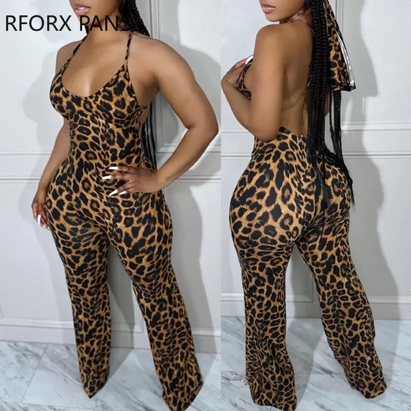 

2023 Women Spaghetti Straps Lace Up Leopard Pattern Sleeveless Sexy Backless Straight Leg Jumpsuits