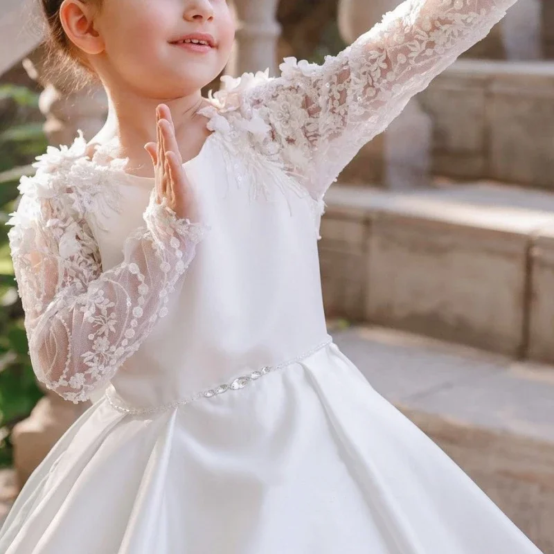 Vestidos de niña de flores personalizados, fiesta de noche de boda, vestido blanco de princesa de lujo para niños, vestidos de encaje de ilusión de manga larga con lazo