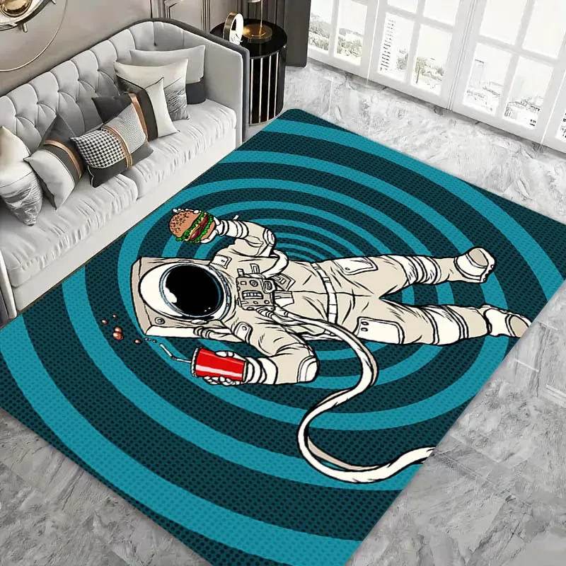 Flannel Printed Astronaut Eating Burger Rug Fun Space Design Soft Fleece Floor Mat Living Room Carpet Pop Art Decor Humor Rugs