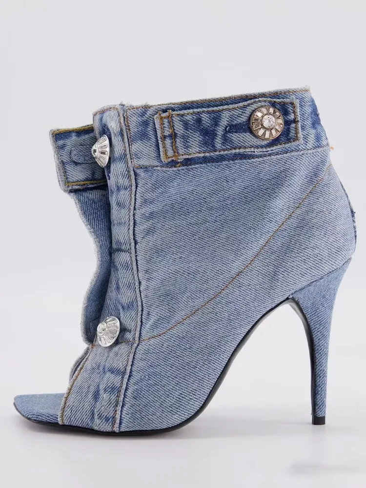 2023 New Brand Big Diamond Denim Jeans Thin High Heels Sandals Boots Women Peep Toe Slip-on Summer Dress Runway Designer Shoes