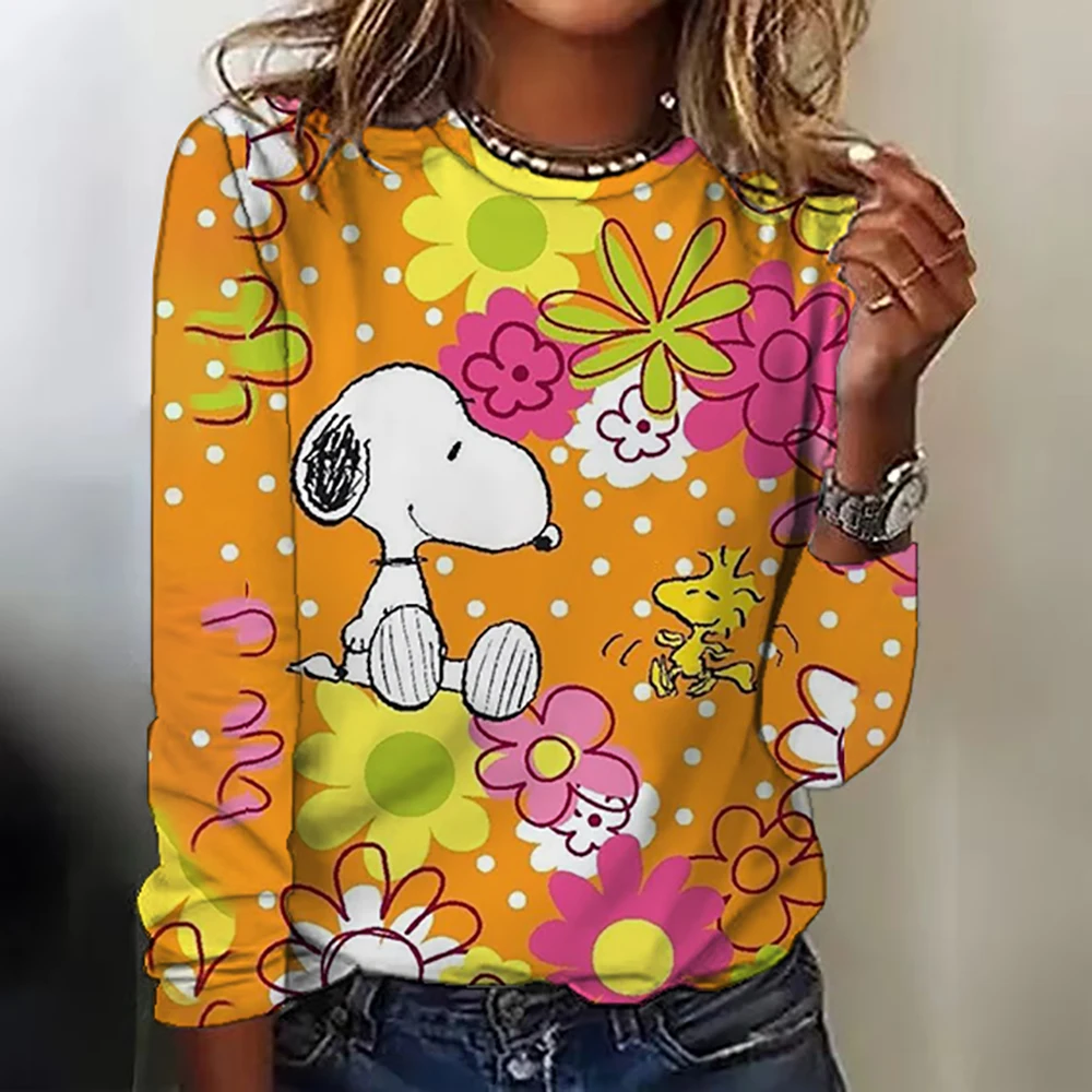 Snoopy Anime Co branded Long sleeved T-shirt for Women\'s 2023 Autumn New Loose Round Neck Top Children\'s Cartoon Clothes