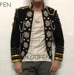 Heavy Metal Chain Black Pearls Jacket Men Cowboy Rock Coat Party Stage Show Singer Dance Performance Coat