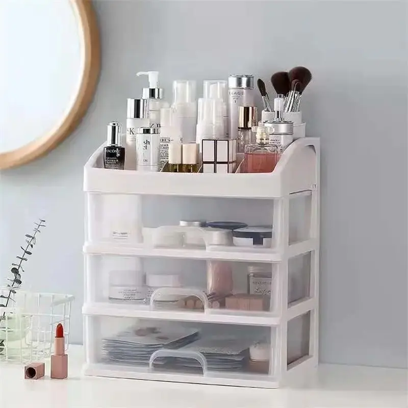 1pc Transparent Plastic Four Layer Three Drawer Desktop Drawer Style Cosmetic Storage Box Dressing Table Storage Rack