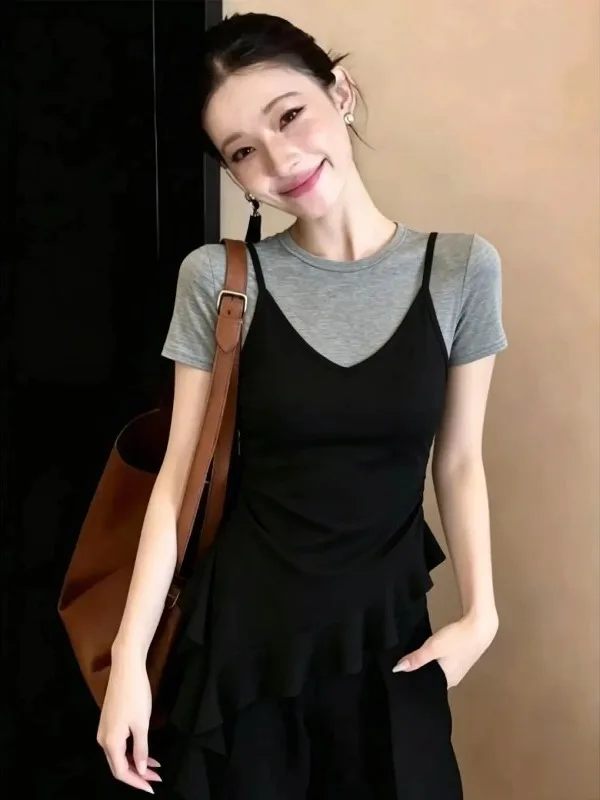 

Slim Fit Short Sleeve T-Shirt Women's Black Summer Top Korean Style Pleated Hemline Fake Two-Piece Breathable Skin-Friendly
