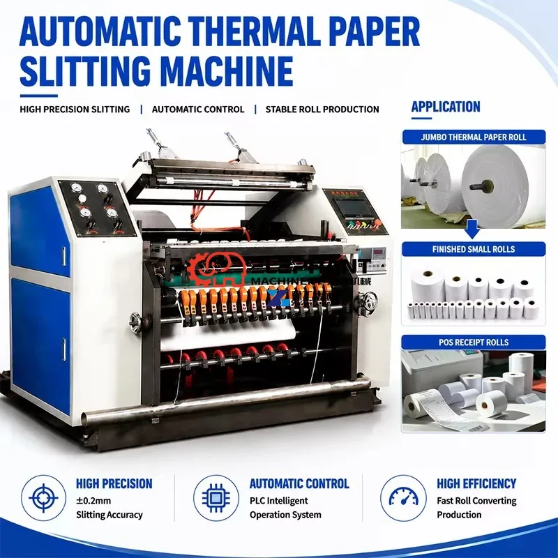 Automatic Thermal Paper Roll Slitting Machine Convert Jumbo Thermal Stock Into Small Width POS Receipt Paper Rolls