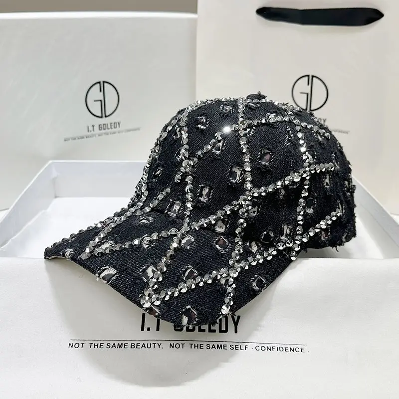 Heavy industry rhinestone hardtop baseball cap women's spring and autumn washed denim fashionable duckbill cap