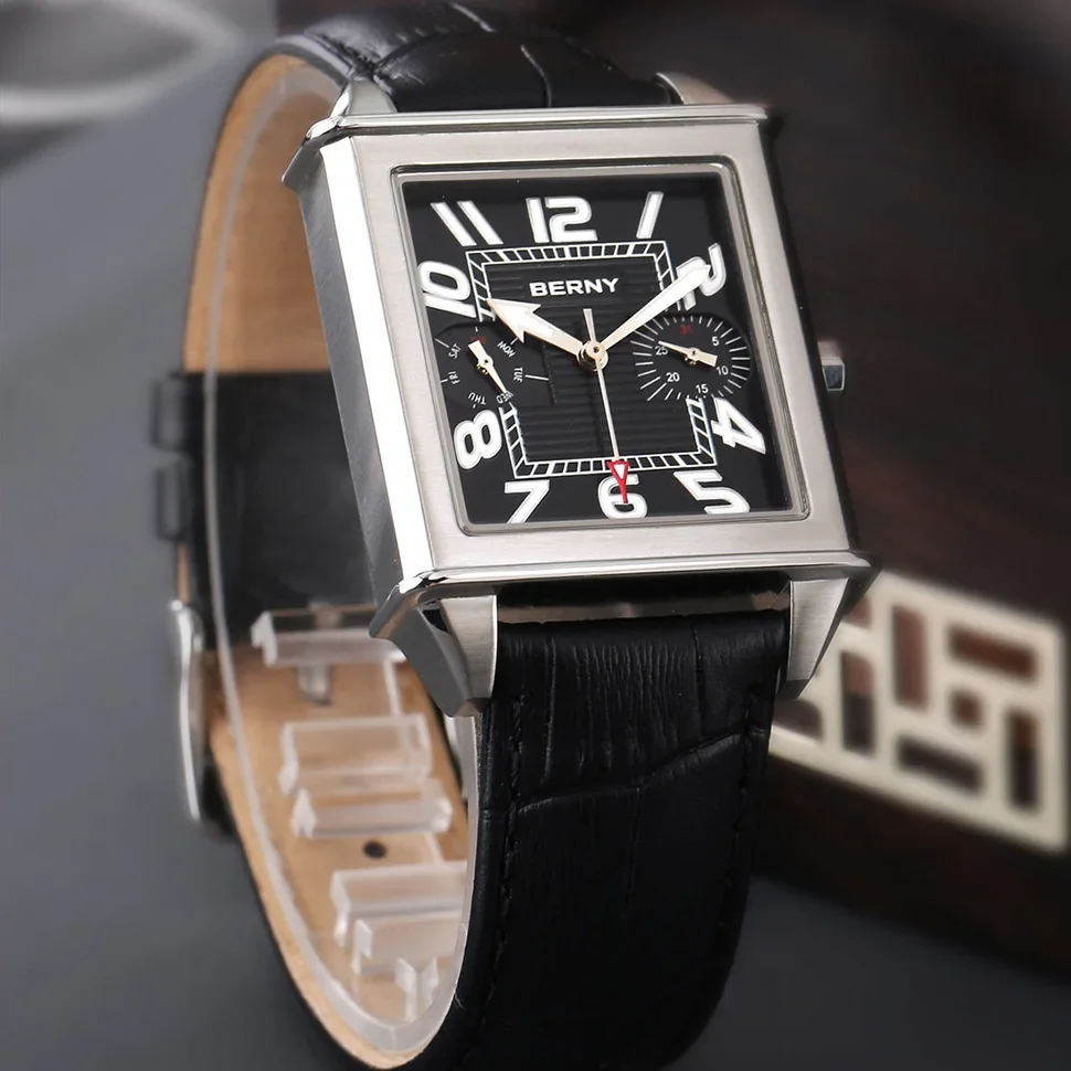 BERNY Men's Watches Tank Quartz Man Watch Business Male Clock Rectangle Day Date Waterproof Brand Fashion Dress Men Watches