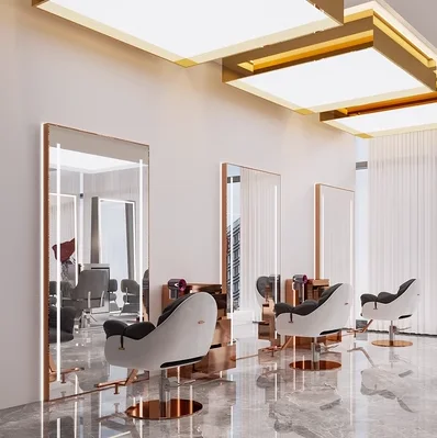 Hair salon mirror table and hair salon dedicated floor to ceiling hair styling mirror with light in the hot dye area