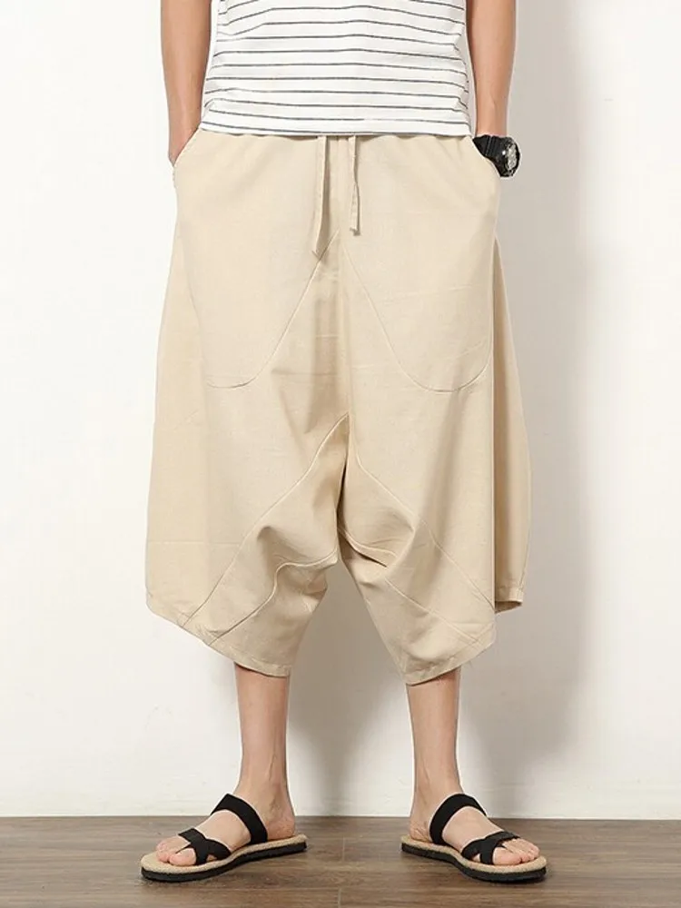 Summer Men\'s Japanese Samurai Boho Summer Harem Shorts Hakama Linen Cotton Pants 5 Colors Loose Fit Short Pants Big Size