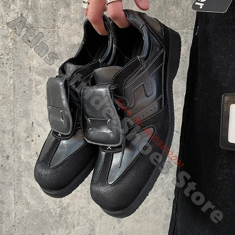 Flip Leather Tongue Contrast Stitch Low Top Casual Shoes Mixed Matte Suede Smooth Leather Lace Up Flats Men/Women Causal Shoes