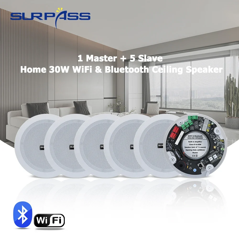 Home 6pcs 30W WiFi Ceiling Speaker Bluetooth 6inch Built in Class D Digital Amplifier Active Loudspeaker for Home Theater Hotel