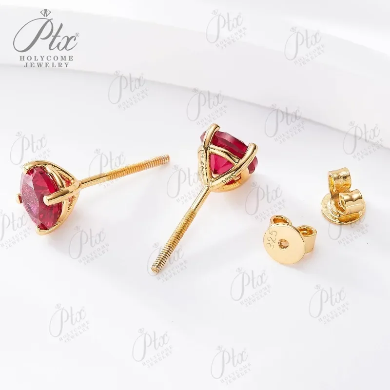 

S925 Silver Lab Ruby Emerald Screw Earring 5.0mm Lab-Grown Gemstone Round Stone Fine Jewelry Gift Jewelry For Women Ear Jewel