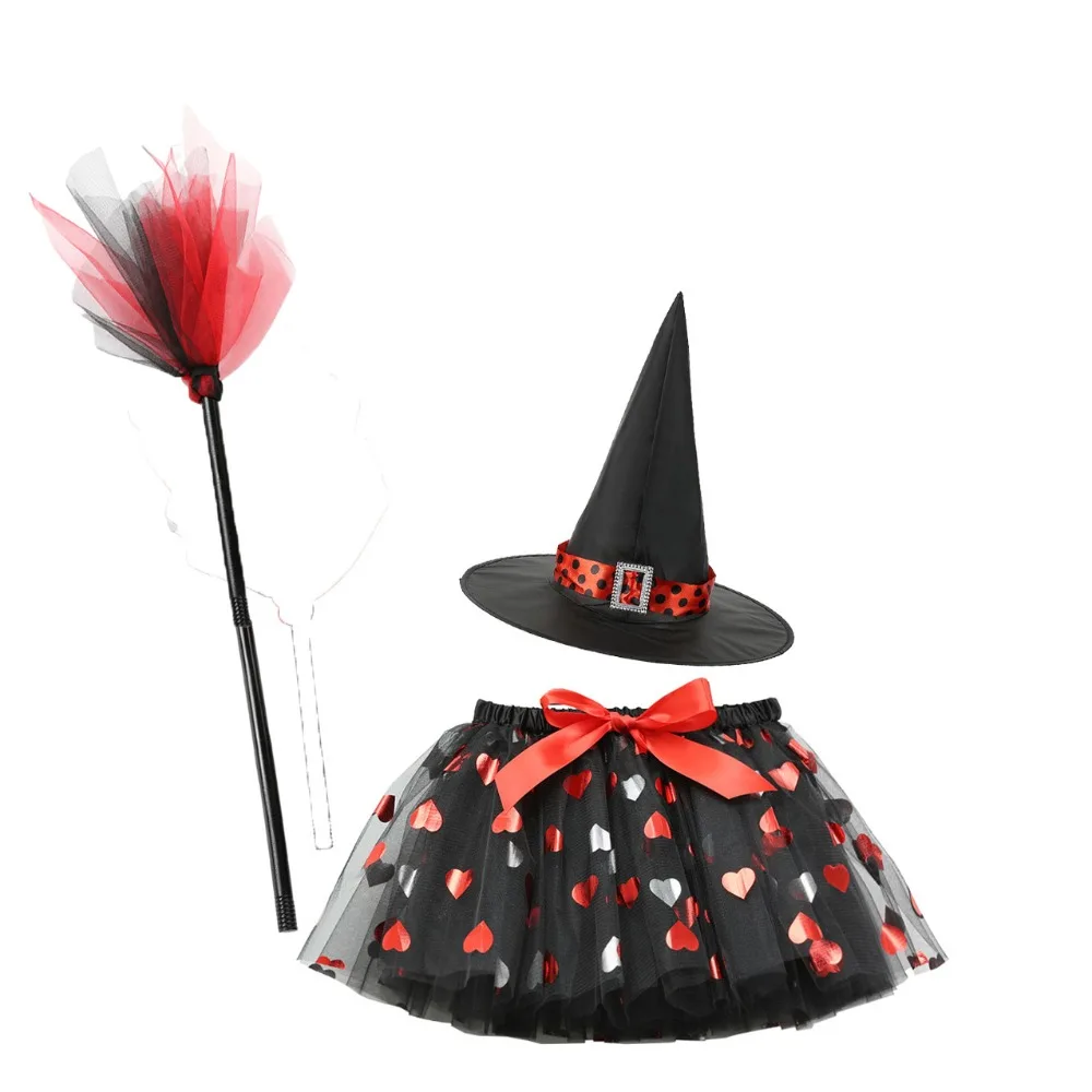 

3Pcs/set Wizard Childern Halloween Costumes Broom Pointy Hat Kids Witch Dress Set Short Skirt Bright Color