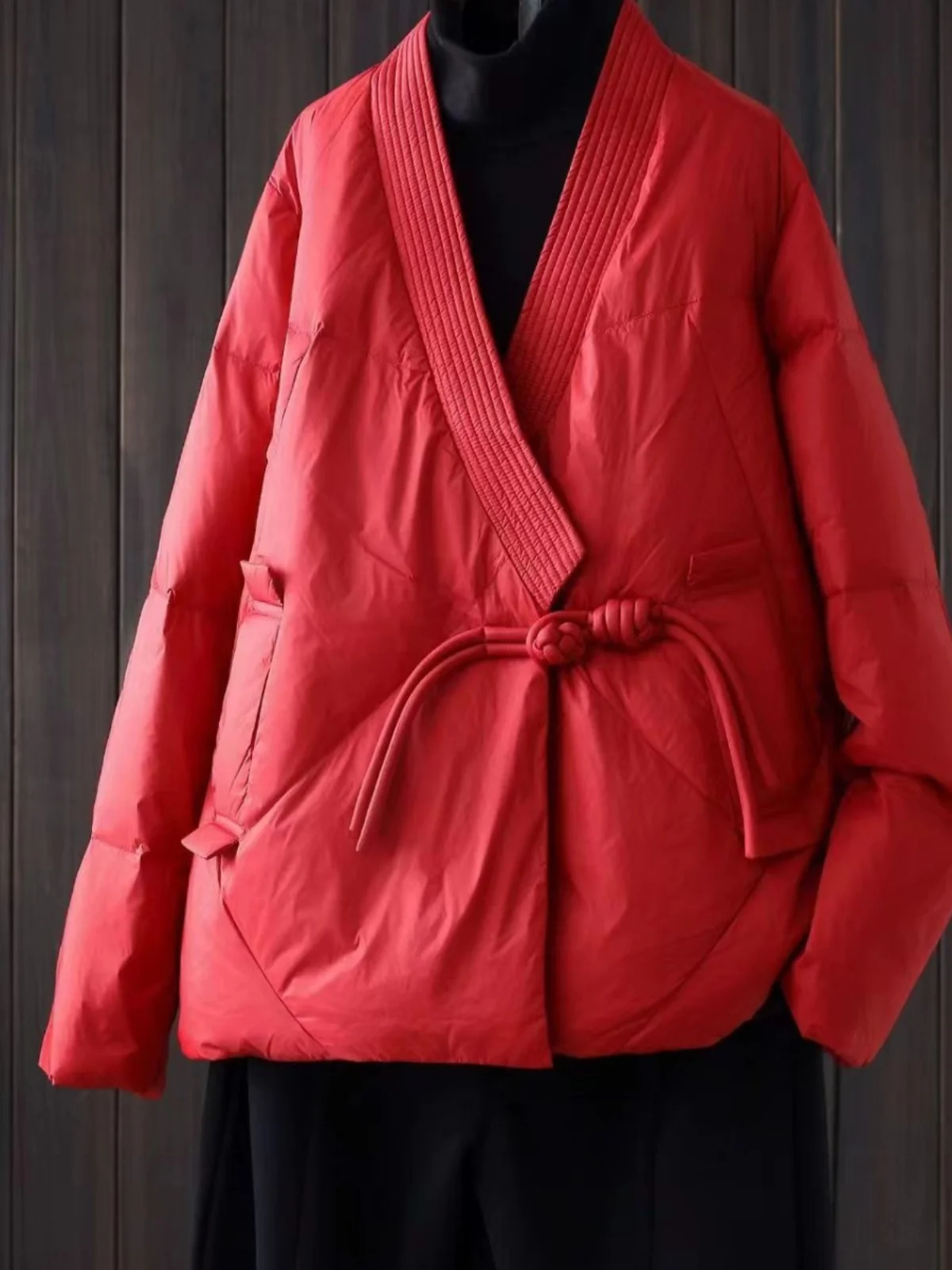 

Retro Chinese Sle Women's down Cotton Jaet Thi Warm Tassel Trim Coat V-Ne Long Sve Loose Fit Winter Outerwear